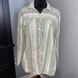 C.J. Banks Womens Blouse 1X Striped Long Sleeve Button-Up Green & White